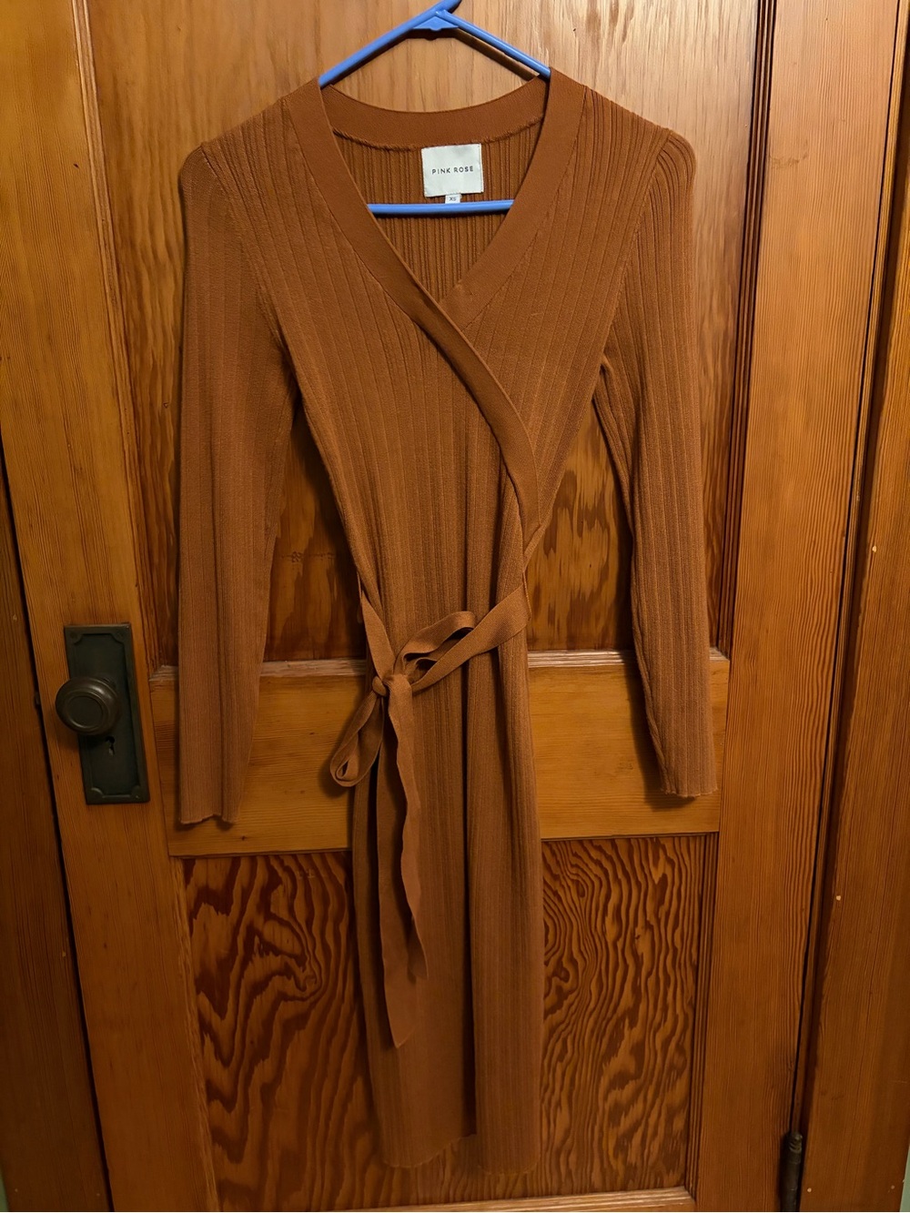 Pink Rose Ribbed V-Neck Wrap Dress in Rust